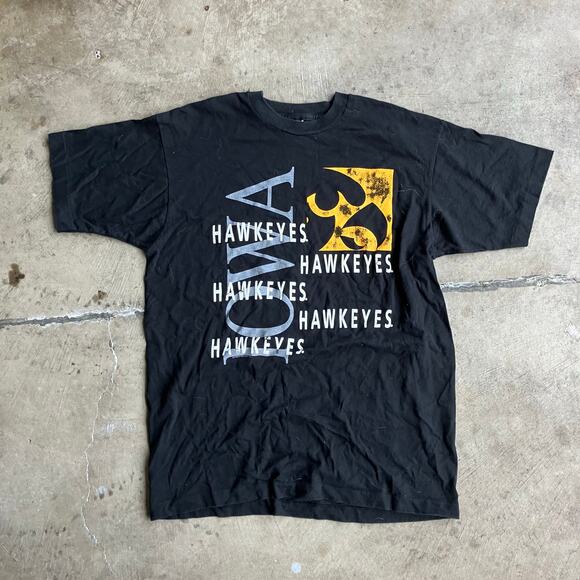 VINTAGE IOWA HAWKEYES BLACK T-SHIRT LARGE 90S SINGLE STITCH - Picture 1 of 4